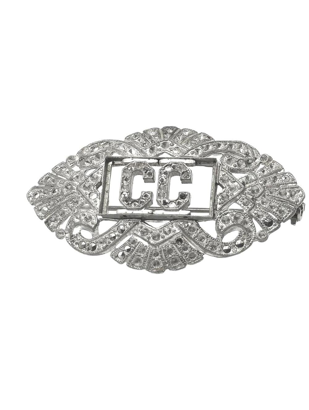 Vintage Art Deco Silver Tone Brooch With Marcasite And Rhinestone 1920's